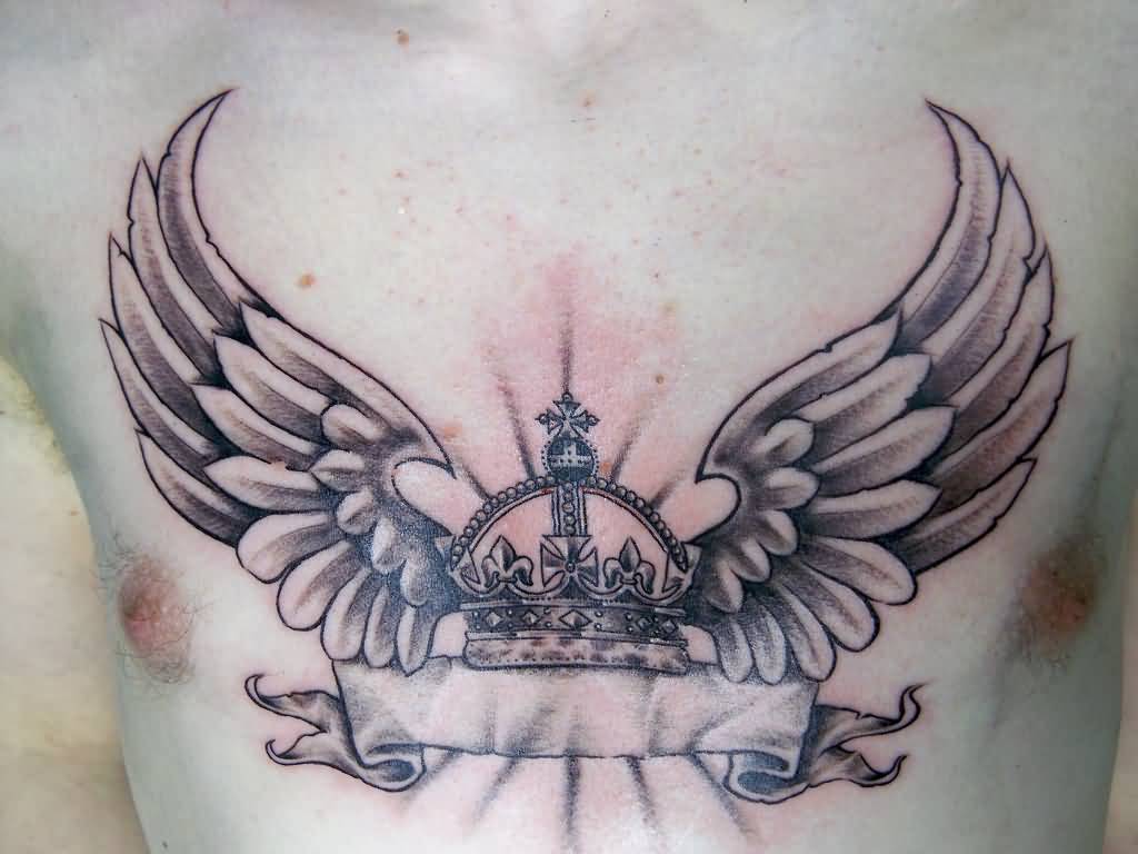 Winged Crown With Banner Tattoo On Chest For Men
