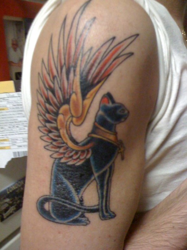Winged Egyptian Cat Tattoo On Right Half Sleeve