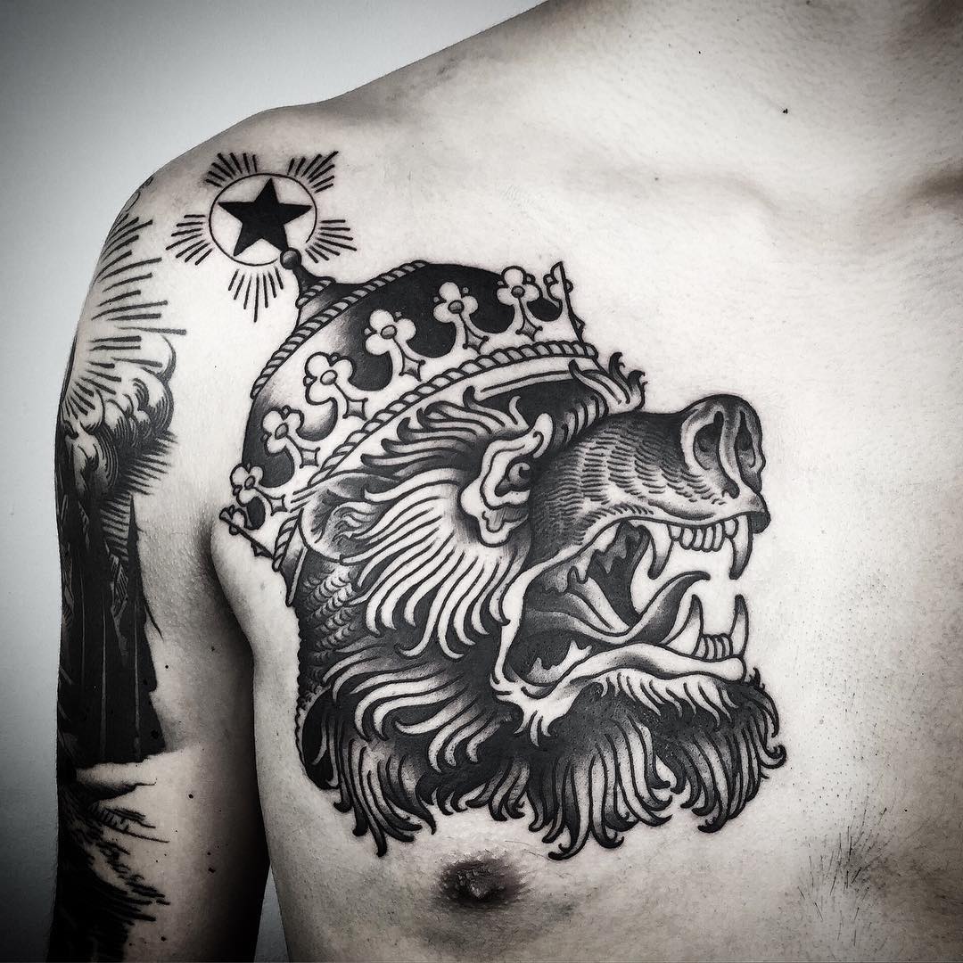 Wolf With Crown On Head Tattoo On Chest