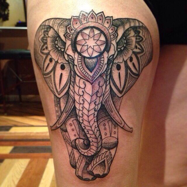 Wonderful Asian Elephant Tattoo On Right Thigh