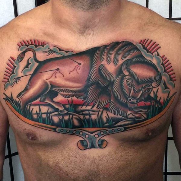 Wonderful Attacked Bull Traditional Tattoo On Chest