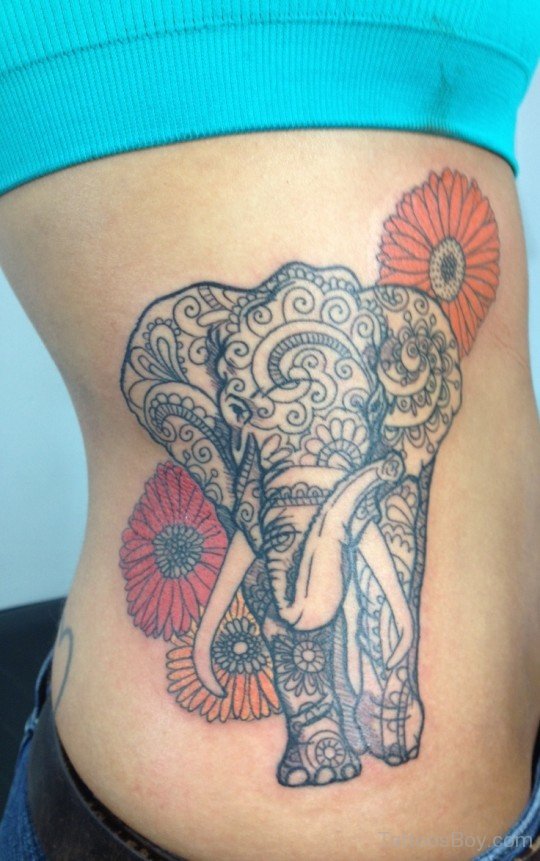 Wonderful Chinese Elephant With Flowers Tattoo On Girl Right Side Rib