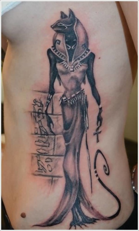 Wonderful Egyptian God Cat Tattoo On Side Rib