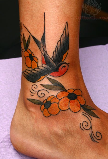 Yellow Flowers And Flying Swallow Bird Ankle Tattoo