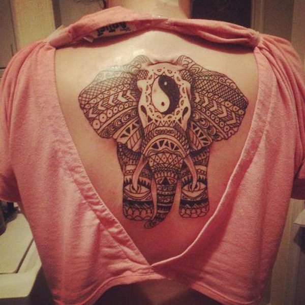 Yin Yang On Mandala Elephant Head Tattoo On Upper Back