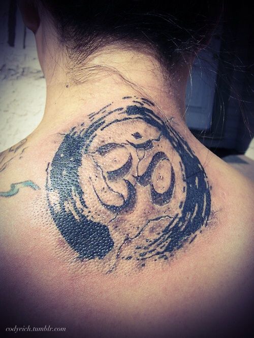 Zen Enso Circle With Om Tattoo On Back Neck