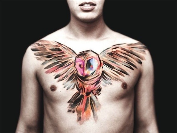 Abstract Flying Owl Tattoo On Man Chest
