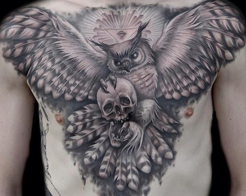 Amazing 3D Flying Owl With Skull Tattoo On Man Chest