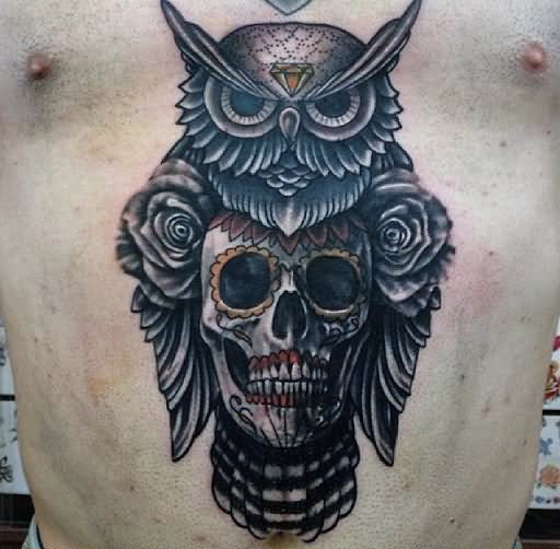 Amazing 3D Owl With Sugar Skull Tattoo On Man Chest