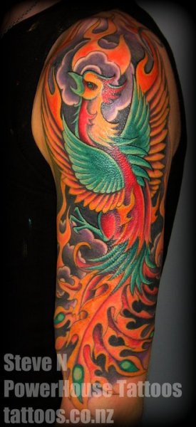 Amazing Colorful Phoenix Tattoo On Left Half Sleeve