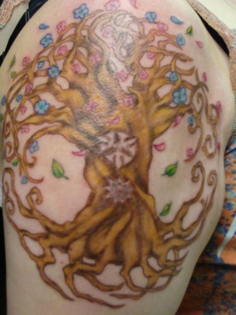 Amazing Colorful Tree Of Life Tattoo On Right Shoulder By Vixen