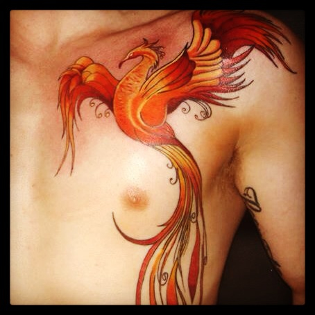 Amazing Flying Phoenix Tattoo On Man Left Front Shoulder
