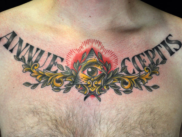 Annue Coeptis - Traditional Eye In Triangle Tattoo On Man Chest