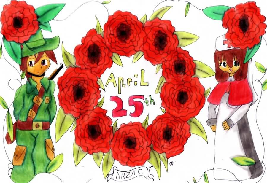 April 25th Anzac Day Anime Soldiers And Poppy Flowers Clipart