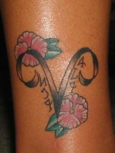 Aries Zodiac Sign With Flowers Tattoo On Forearm