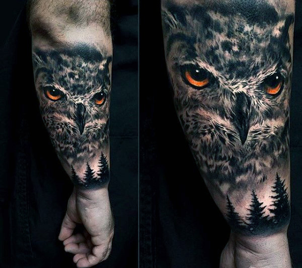 Attractive 3D Realistic Owl Head Tattoo On Right Forearm
