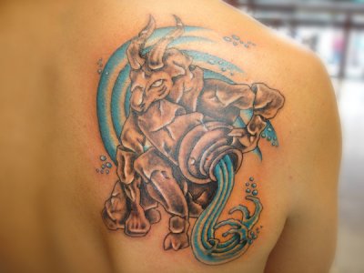 Attractive Aquarius Zodiac Sign Tattoo On Right Back Shoulder By Ravenwarlock