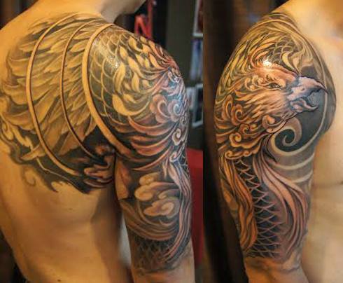 Attractive Black And Grey Phoenix Tattoo On Right Half Sleeve