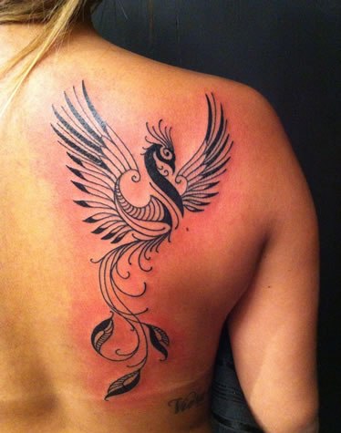 Attractive Black Ink Flying Phoenix Tattoo On Right Back Shoulder