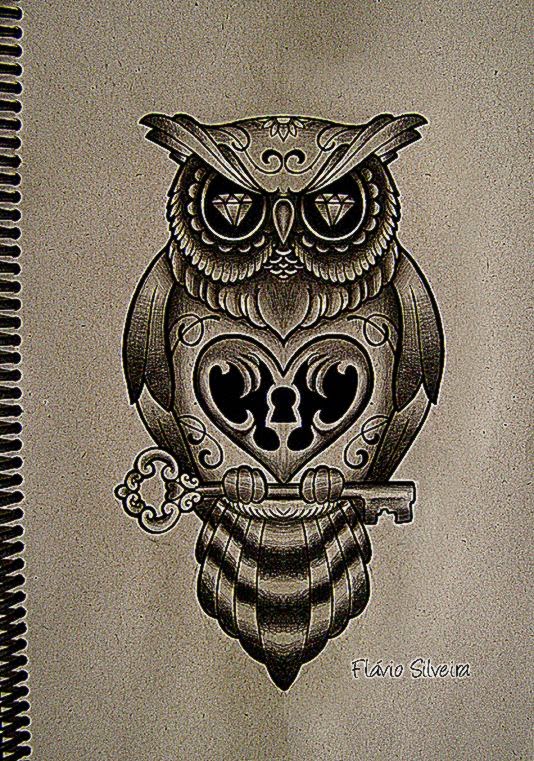 Attractive Black Ink Owl Lock With Key Tattoo Design By Blackfish
