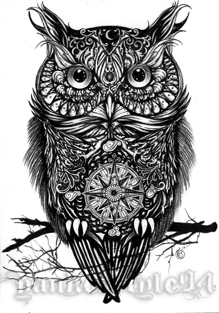Attractive Black Ink Owl Tattoo Design By Yankeestyle94