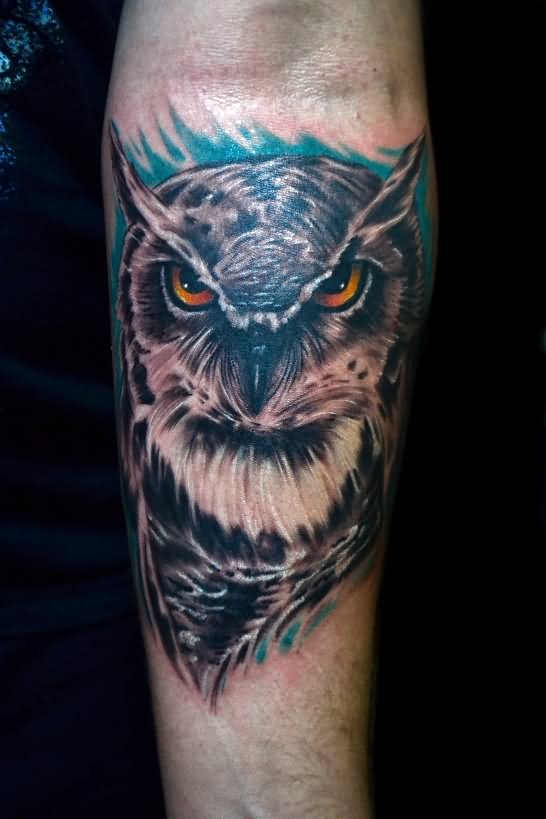 Attractive Black Ink Owl Tattoo On Right Arm
