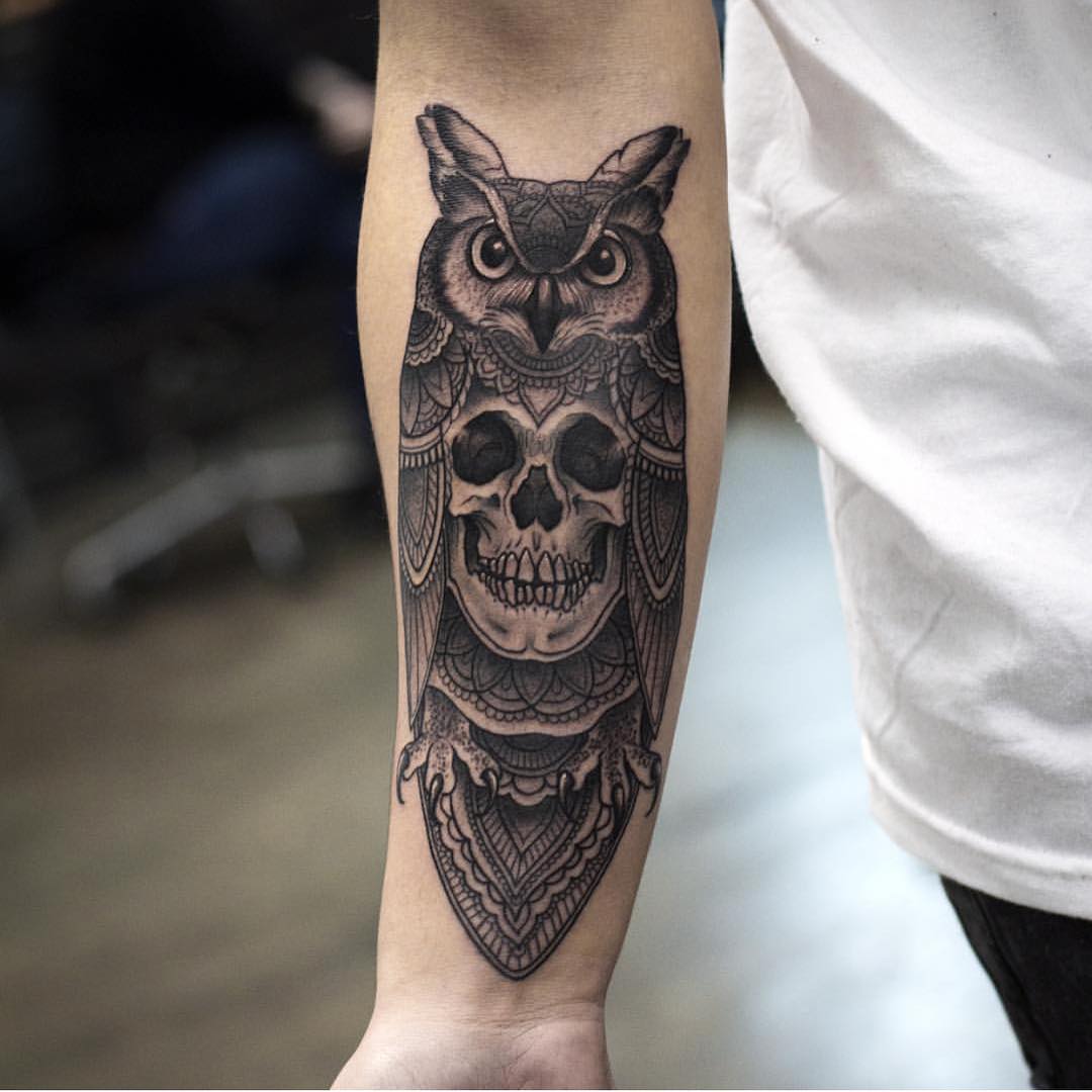 Attractive Black Ink Owl With Skull Tattoo On Right Forearm