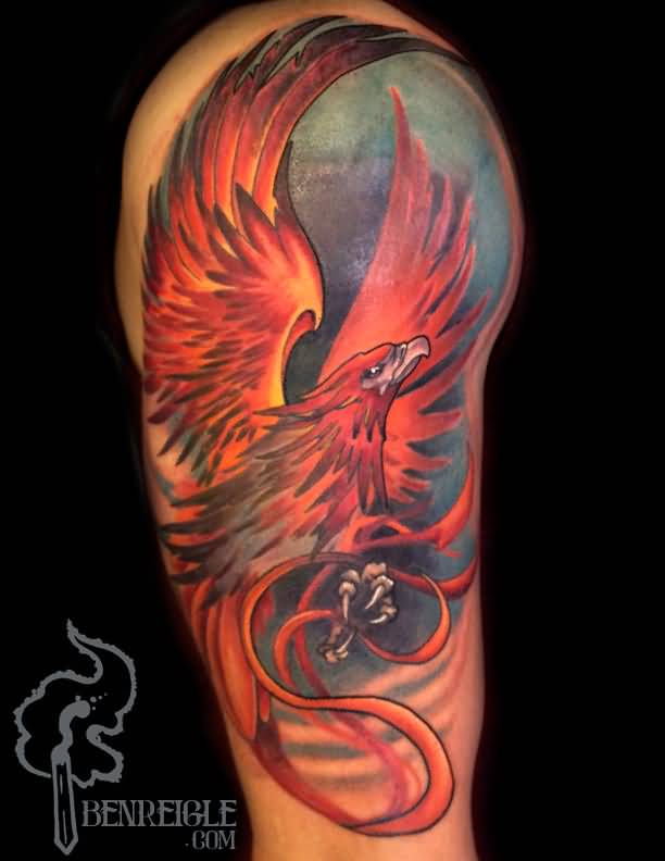 Attractive Colorful Flying Phoenix Tattoo On Right Upper Arm