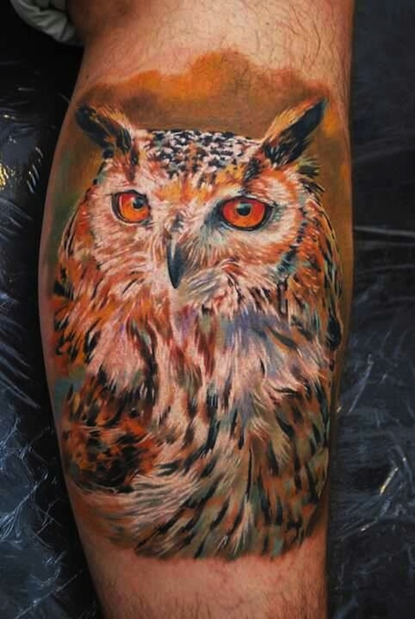 Attractive Colorful Owl Tattoo On Leg Calf