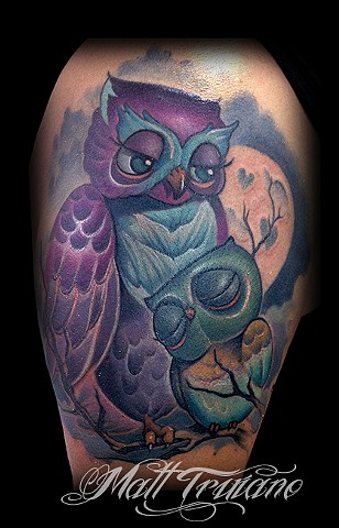 Attractive Colorful Owl With Baby Owl Tattoo Design For Half Sleeve By Matt Trutano