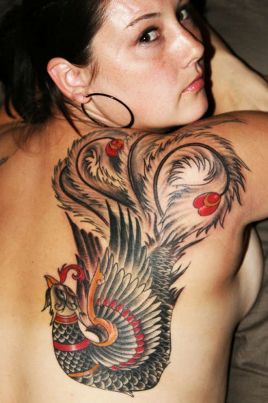 Attractive Colorful Phoenix Tattoo On Girl Right Back Shoulder