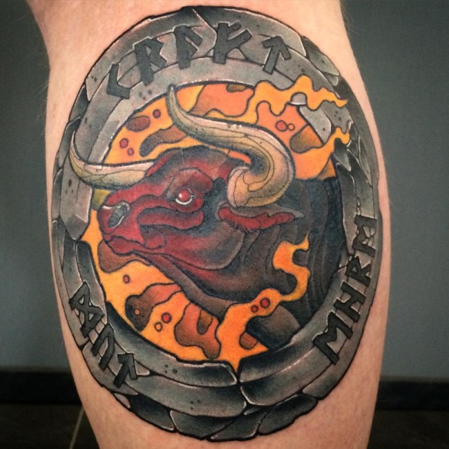 Attractive Colorful Taurus Zodiac Sign Tattoo Design For Leg Calf