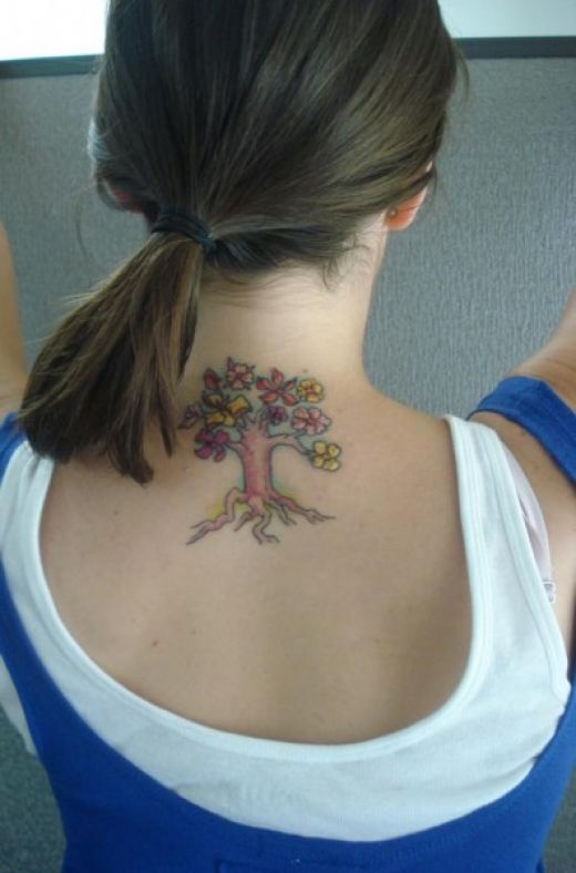 Attractive Colorful Tree Of Life Tattoo On Girl Back Neck