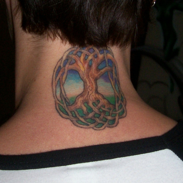 Attractive Colorful Tree Of Life Tattoo On Man Back Neck By George Holderby