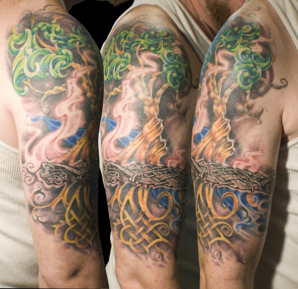 Attractive Colorful Tree Of Life Tattoo On Man Right Half Sleeve By Megan Mccarty