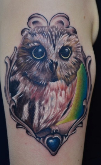 Attractive Cute Owl In Frame Tattoo Design For Half Sleeve