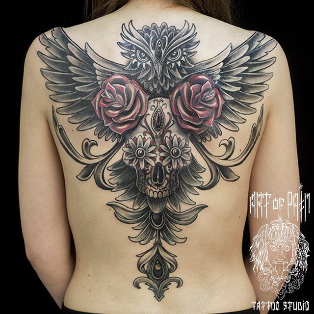 Attractive Flying Owl With Sugar Skull And Roses Tattoo On Full Back