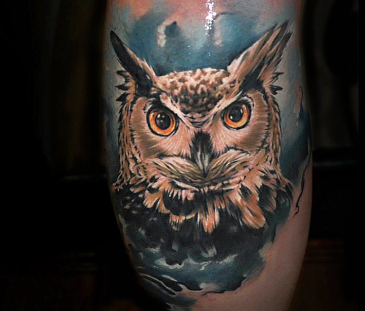 Attractive Owl Face Tattoo Design For Half Sleeve By Benjamin Laukis