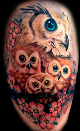 Attractive Owl Family Tattoo Design For Half Sleeve