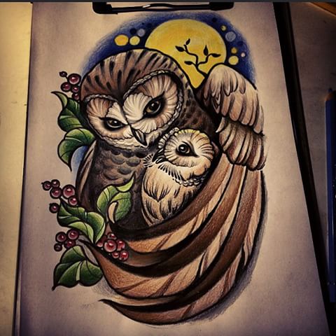 Attractive Owl Family Tattoo Design