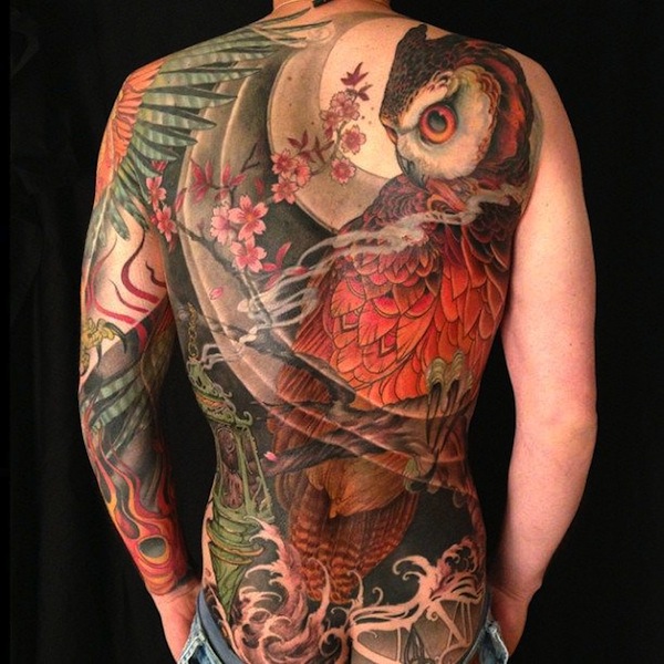 Attractive Owl Tattoo On Full Back
