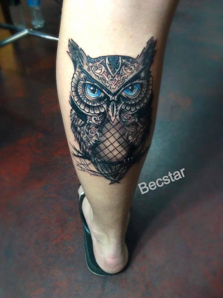 Attractive Owl Tattoo On Left Leg Calf