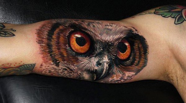 Attractive Owl Tattoo On Right Upper Arm