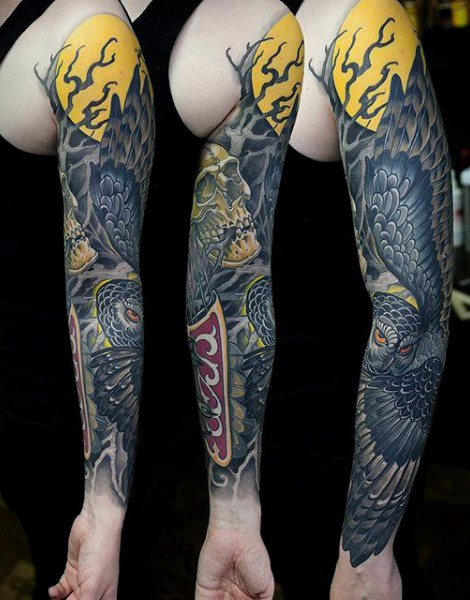 Attractive Owl With Skull And Tree Without Leaves Tattoo On Man Left Full Sleeve