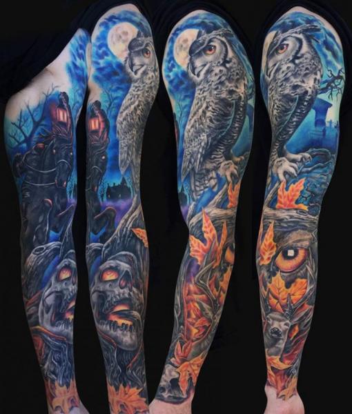 Attractive Owl With Skull Tattoo On Full Sleeve By Jamie Lee Parker