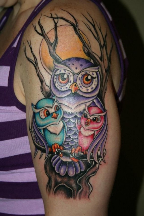 Attractive Owl With Two Baby Owl Tattoo On Left Half Sleeve By Kim Heflin
