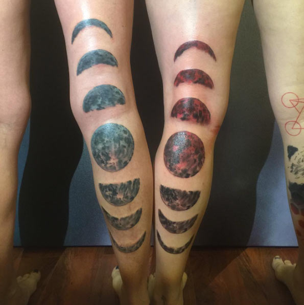 Attractive Phases Of The Moon Tattoo On Couple Leg By Caleb Cashew