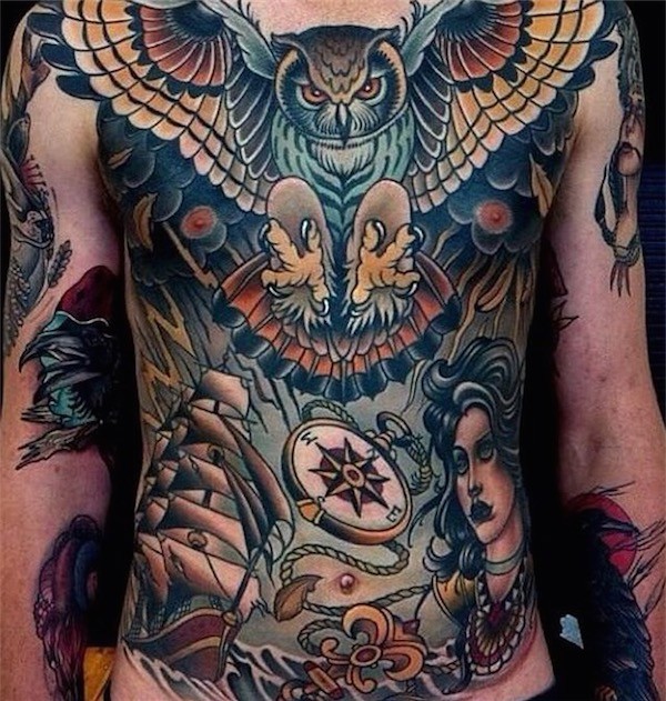 Attractive Traditional Owl Tattoo On Man Chest