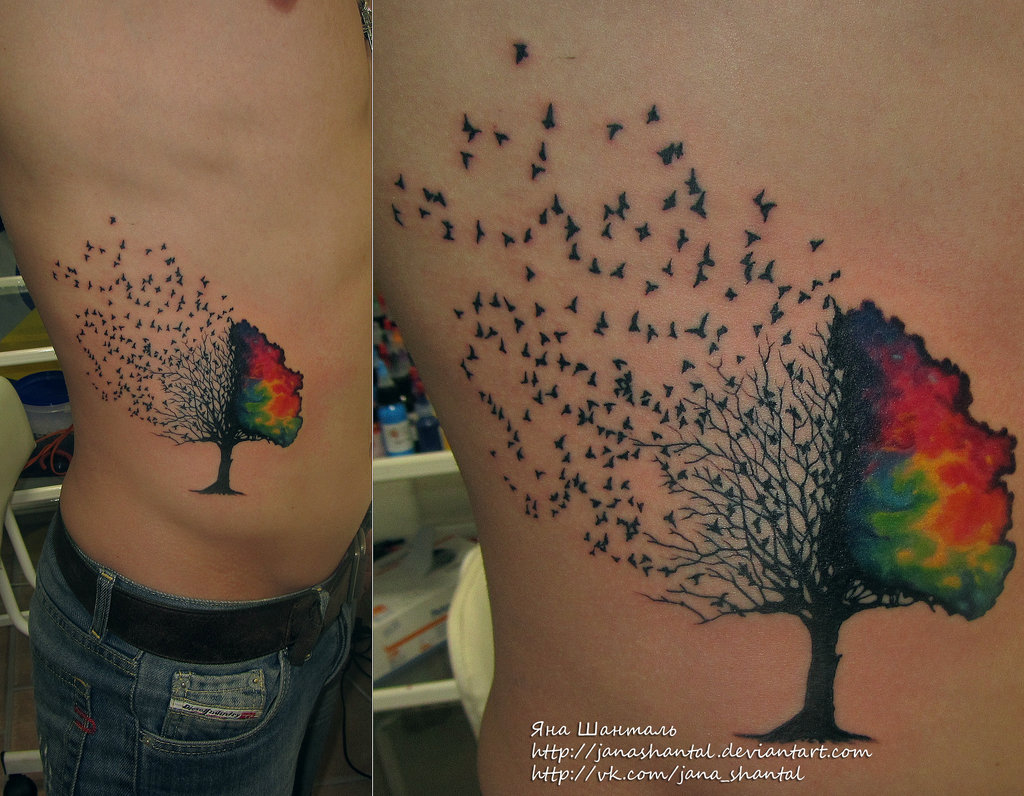 Attractive Tree Of Life With Flying Birds Tattoo On Man Right Side Rib By Janashantal