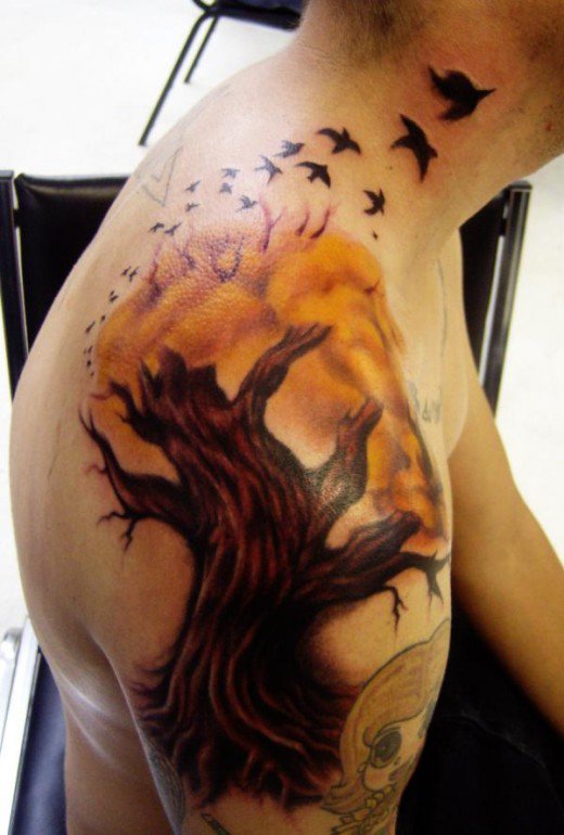 Attractive Tree Of Life With Flying Birds Tattoo On Right Shoulder By Hatefulss
